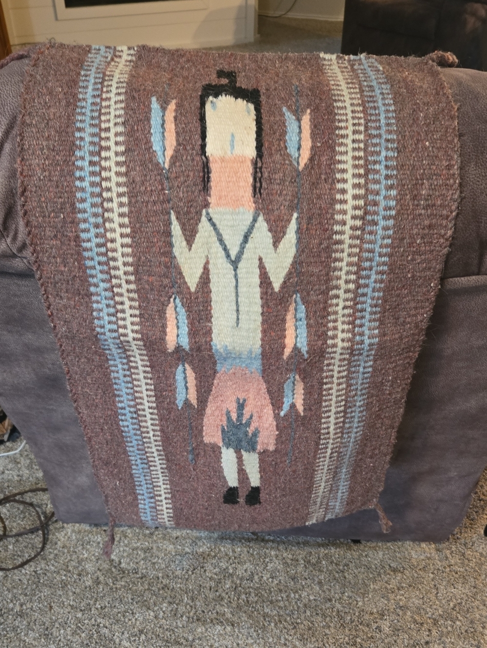 Handwoven Yei Figure Mauve and Pastel Tribal Wall Tapestry 16" X 28"